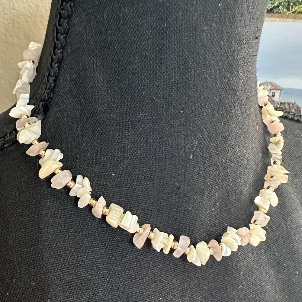 Handcrafted Pink and Cream Chip Necklace - Women Jewelry - 17”